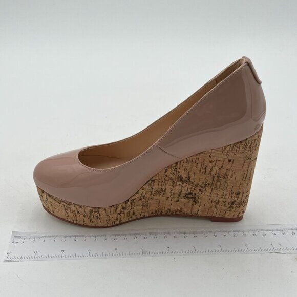 XYD Nude Round Toe Wood Platform Pumps Slip On Patent Wedge Cork High Heel Shoes - Picture 2 of 8